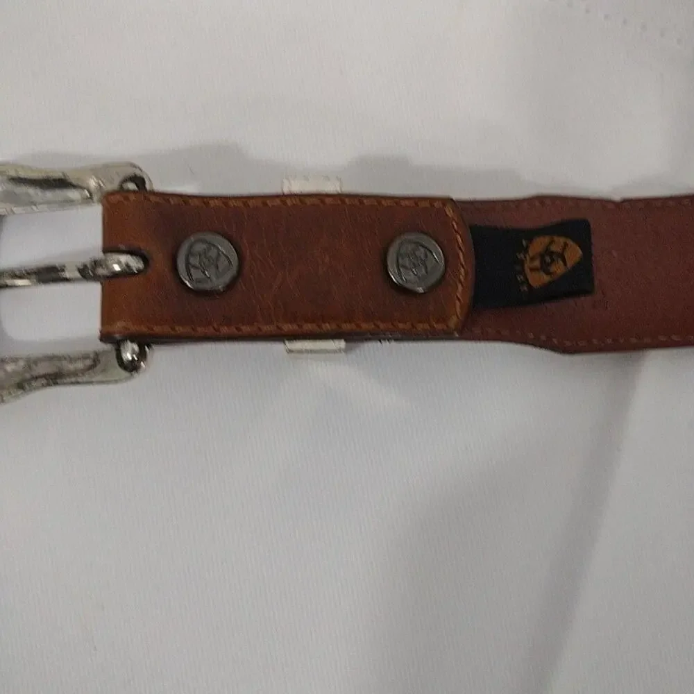 Ariat Belt Mens Medium Brown Leather Western Tooled Scroll Buckle Studded